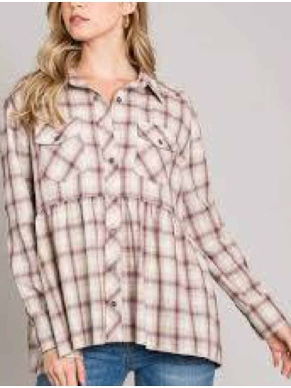 EUC Heyson โPlaid Button-Down Babydoll Longsleeve Top" Ivory/Plum/Tan โข Medium